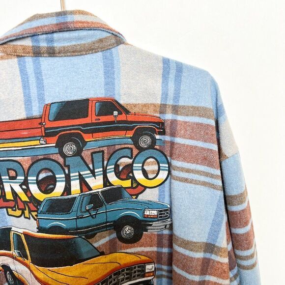 Ford Bronco Blue Brown Plaid Shacket Shirt Jacket 1X - Picture 2 of 8